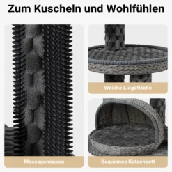 Fudajo Urban Loft 115 cm Kratzbaum grau, Katzenkratzbaum mit Ø 58 cm Bodenplatte, Katzenbaum mit Massageelement, 3 Liegeflächen und Papierseil-Kratzstämmen