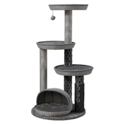 Fudajo Urban Loft 115 cm Kratzbaum grau, Katzenkratzbaum mit Ø 58 cm Bodenplatte, Katzenbaum mit Massageelement, 3 Liegeflächen und Papierseil-Kratzstämmen
