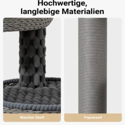 Fudajo Urban Loft 115 cm Kratzbaum grau, Katzenkratzbaum mit Ø 58 cm Bodenplatte, Katzenbaum mit Massageelement, 3 Liegeflächen und Papierseil-Kratzstämmen