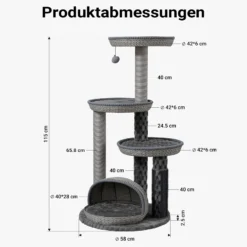 Fudajo Urban Loft 115 cm Kratzbaum grau, Katzenkratzbaum mit Ø 58 cm Bodenplatte, Katzenbaum mit Massageelement, 3 Liegeflächen und Papierseil-Kratzstämmen