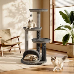 Fudajo Urban Loft 115 cm Kratzbaum grau, Katzenkratzbaum mit Ø 58 cm Bodenplatte, Katzenbaum mit Massageelement, 3 Liegeflächen und Papierseil-Kratzstämmen