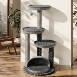 Fudajo Urban Loft 115 cm Kratzbaum grau, Katzenkratzbaum mit Ø 58 cm Bodenplatte, Katzenbaum mit Massageelement, 3 Liegeflächen und Papierseil-Kratzstämmen