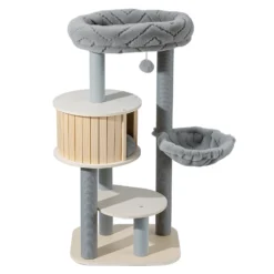 Fudajo Urban Studio 122 cm Kratzbaum grau, Katzenbaum mit Katzenhaus, Hängeliege, Katzenbett und Papierseil-Kratzstämmen