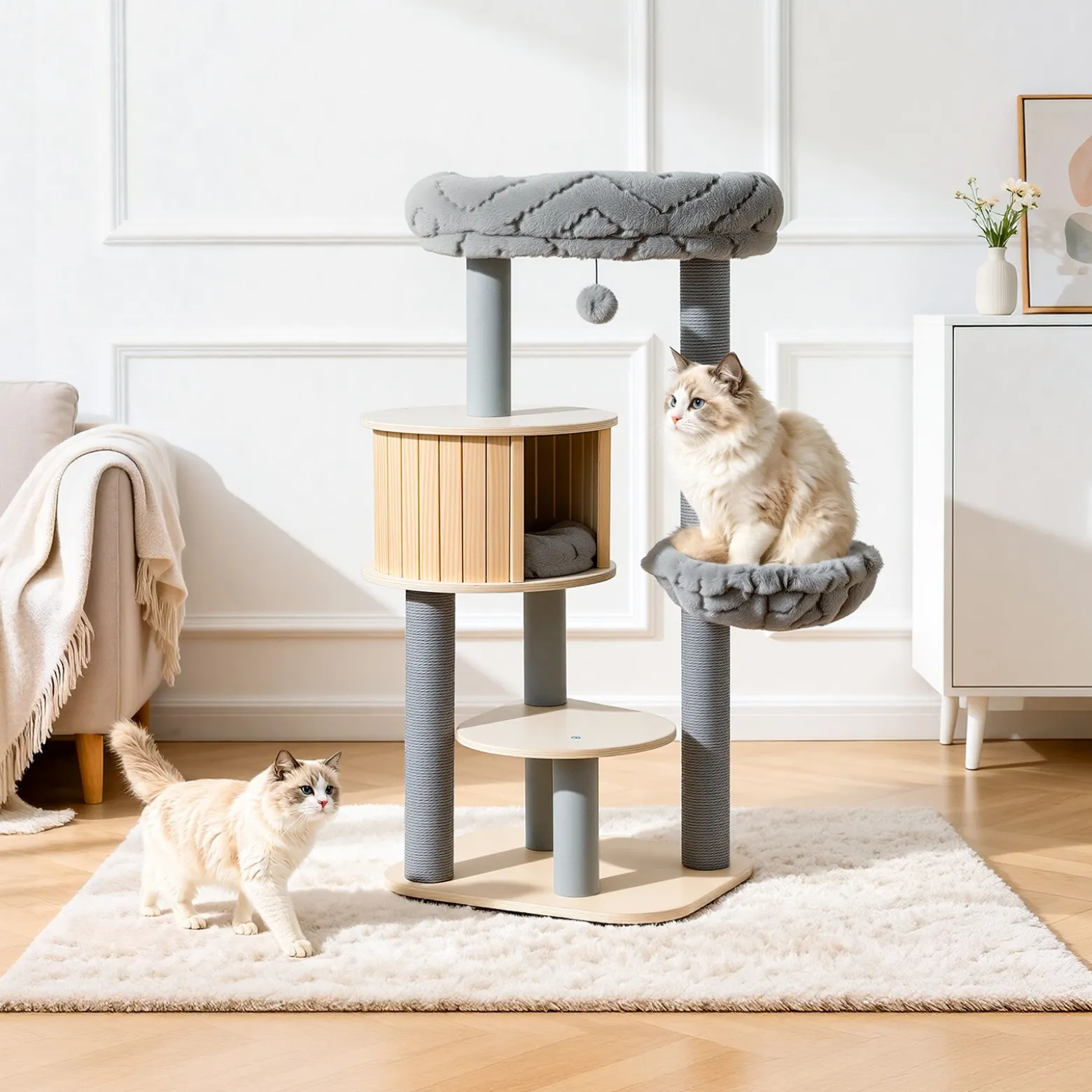 Fudajo Urban Studio 122 cm Kratzbaum grau, Katzenbaum mit Katzenhaus, Hängeliege, Katzenbett und Papierseil-Kratzstämmen