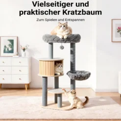 Fudajo Urban Studio 122 cm Kratzbaum grau, Katzenbaum mit Katzenhaus, Hängeliege, Katzenbett und Papierseil-Kratzstämmen