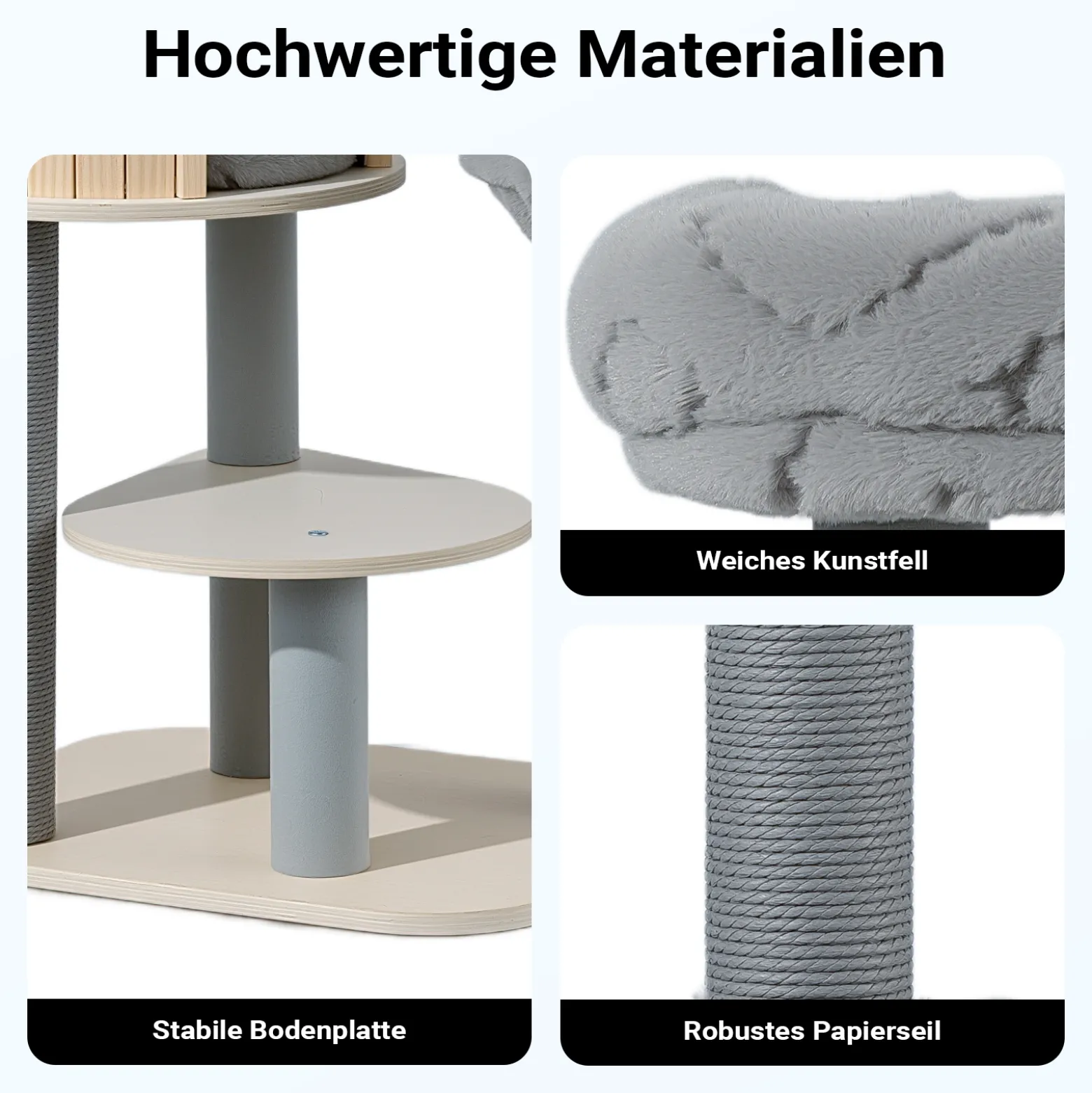 Fudajo Urban Studio 122 cm Kratzbaum grau, Katzenbaum mit Katzenhaus, Hängeliege, Katzenbett und Papierseil-Kratzstämmen