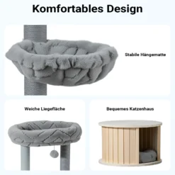 Fudajo Urban Studio 122 cm Kratzbaum grau, Katzenbaum mit Katzenhaus, Hängeliege, Katzenbett und Papierseil-Kratzstämmen