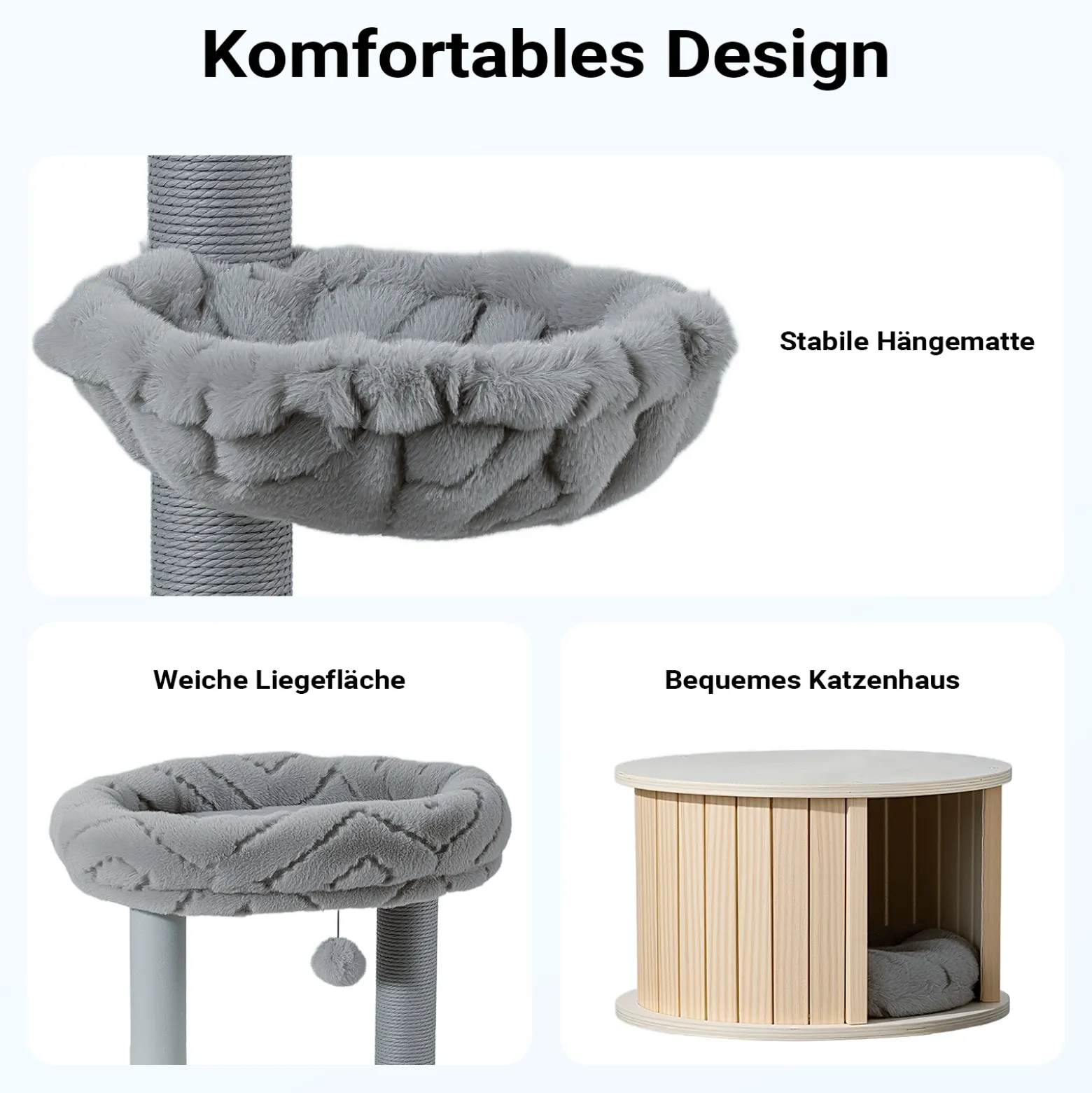 Fudajo Urban Studio 122 cm Kratzbaum grau, Katzenbaum mit Katzenhaus, Hängeliege, Katzenbett und Papierseil-Kratzstämmen