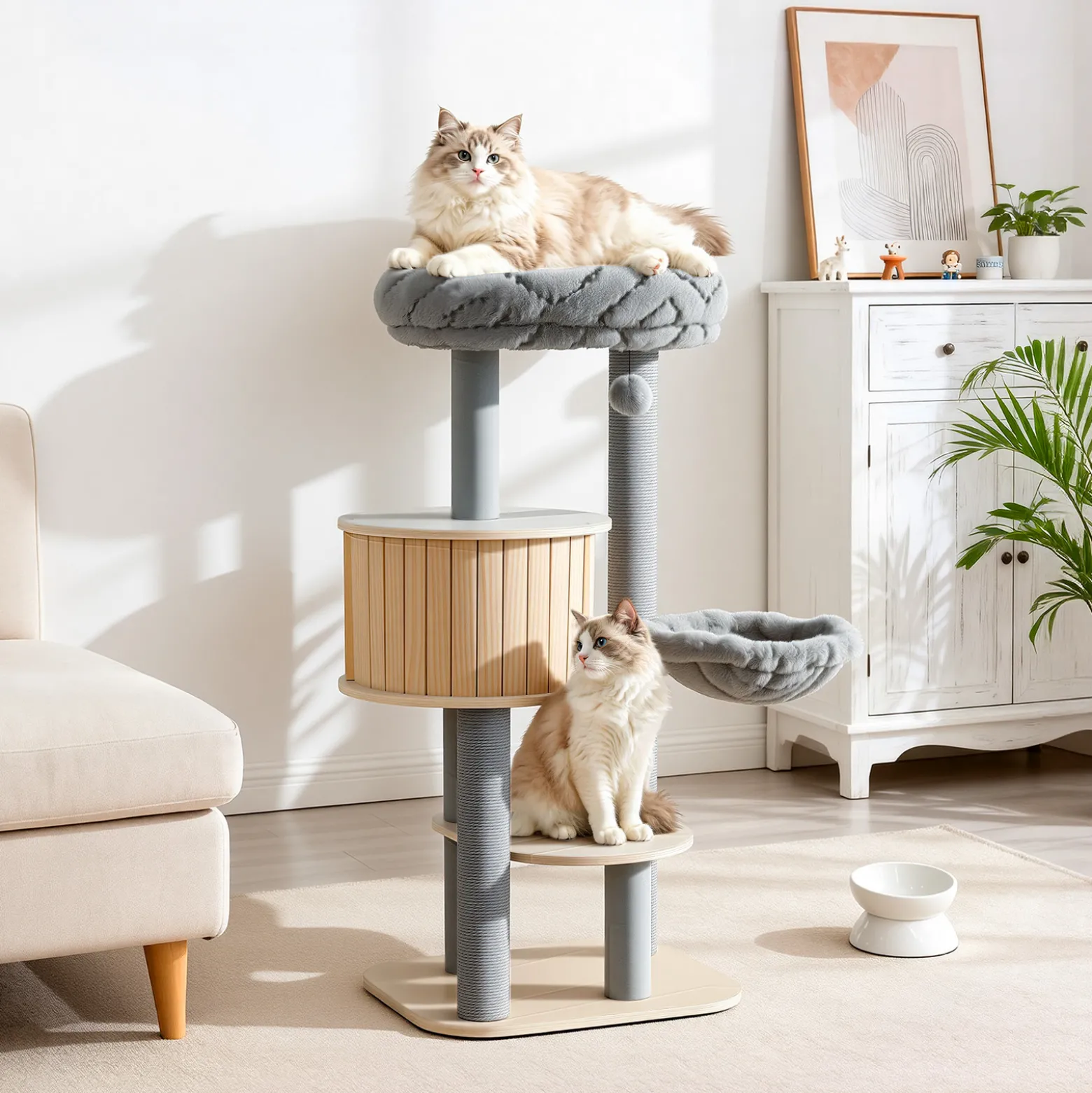 Fudajo Urban Studio 122 cm Kratzbaum grau, Katzenbaum mit Katzenhaus, Hängeliege, Katzenbett und Papierseil-Kratzstämmen