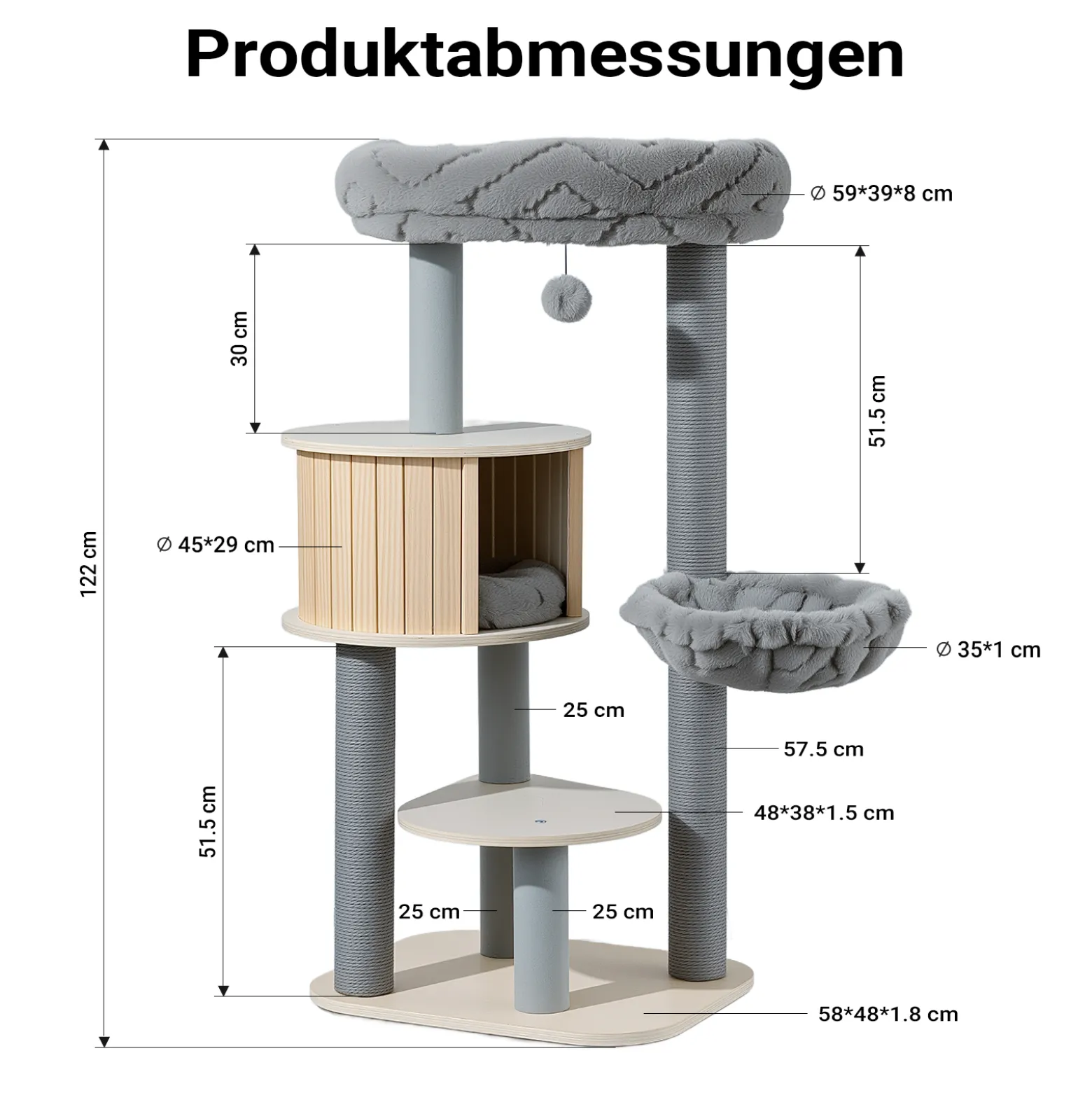 Fudajo Urban Studio 122 cm Kratzbaum grau, Katzenbaum mit Katzenhaus, Hängeliege, Katzenbett und Papierseil-Kratzstämmen