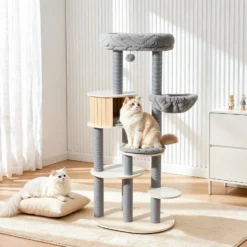 Fudajo Urban Studio 163 cm Kratzbaum grau, Katzenbaum mit Katzenhaus, Hängeliege, Katzenbett und Papierseil-Kratzstämmen