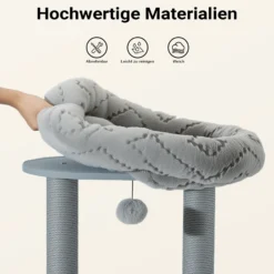 Fudajo Urban Studio 163 cm Kratzbaum grau, Katzenbaum mit Katzenhaus, Hängeliege, Katzenbett und Papierseil-Kratzstämmen
