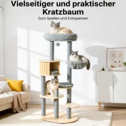 Fudajo Urban Studio 163 cm Kratzbaum grau, Katzenbaum mit Katzenhaus, Hängeliege, Katzenbett und Papierseil-Kratzstämmen