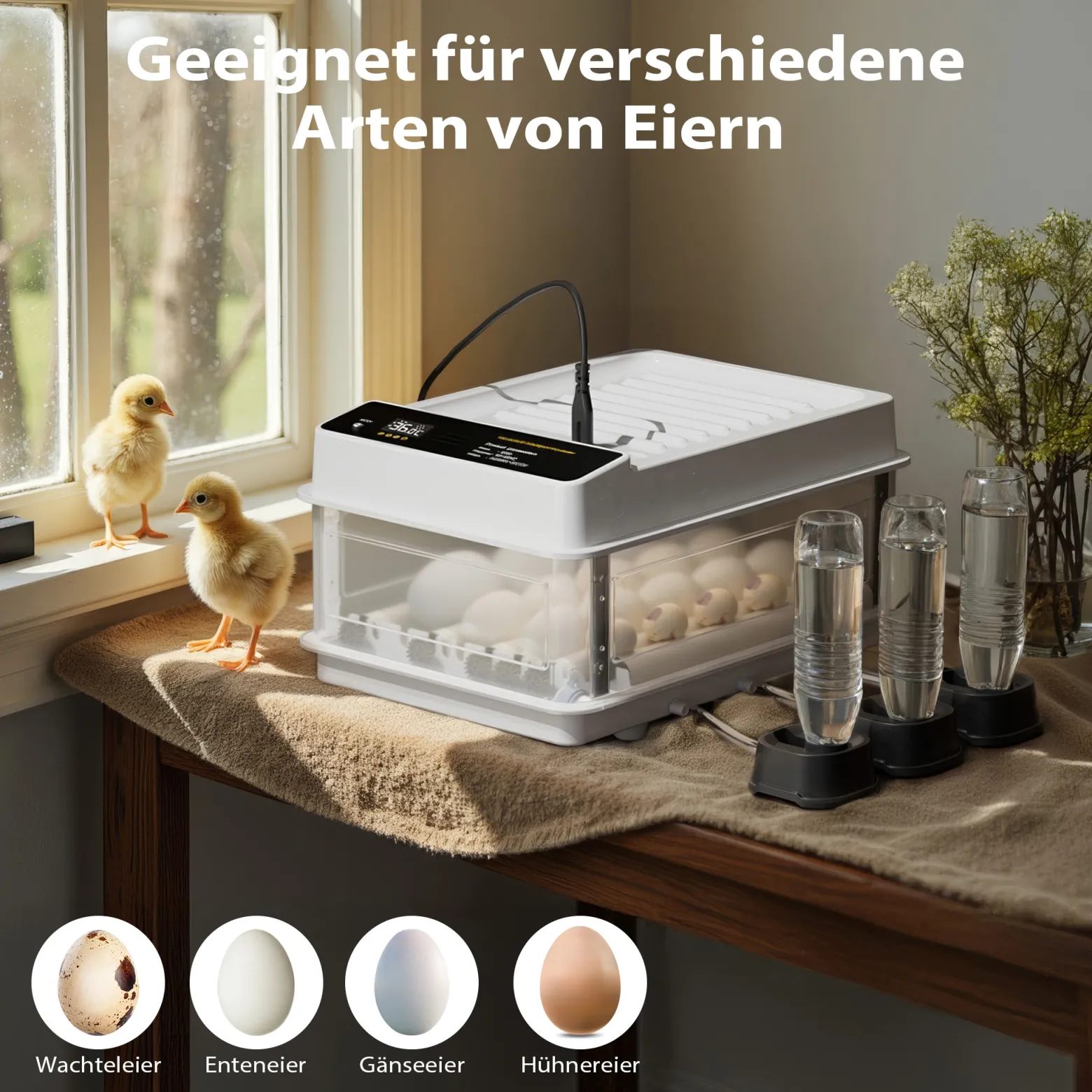 Fudajo Vollautomatischer Flächenbrüter für 24 Eier, Inkubator 80 W mit Wendesystem, Brutautomat mit Temperatursteuerung und Feuchtigskeitsregulierung, Brutkasten zum Eier ausbrüten