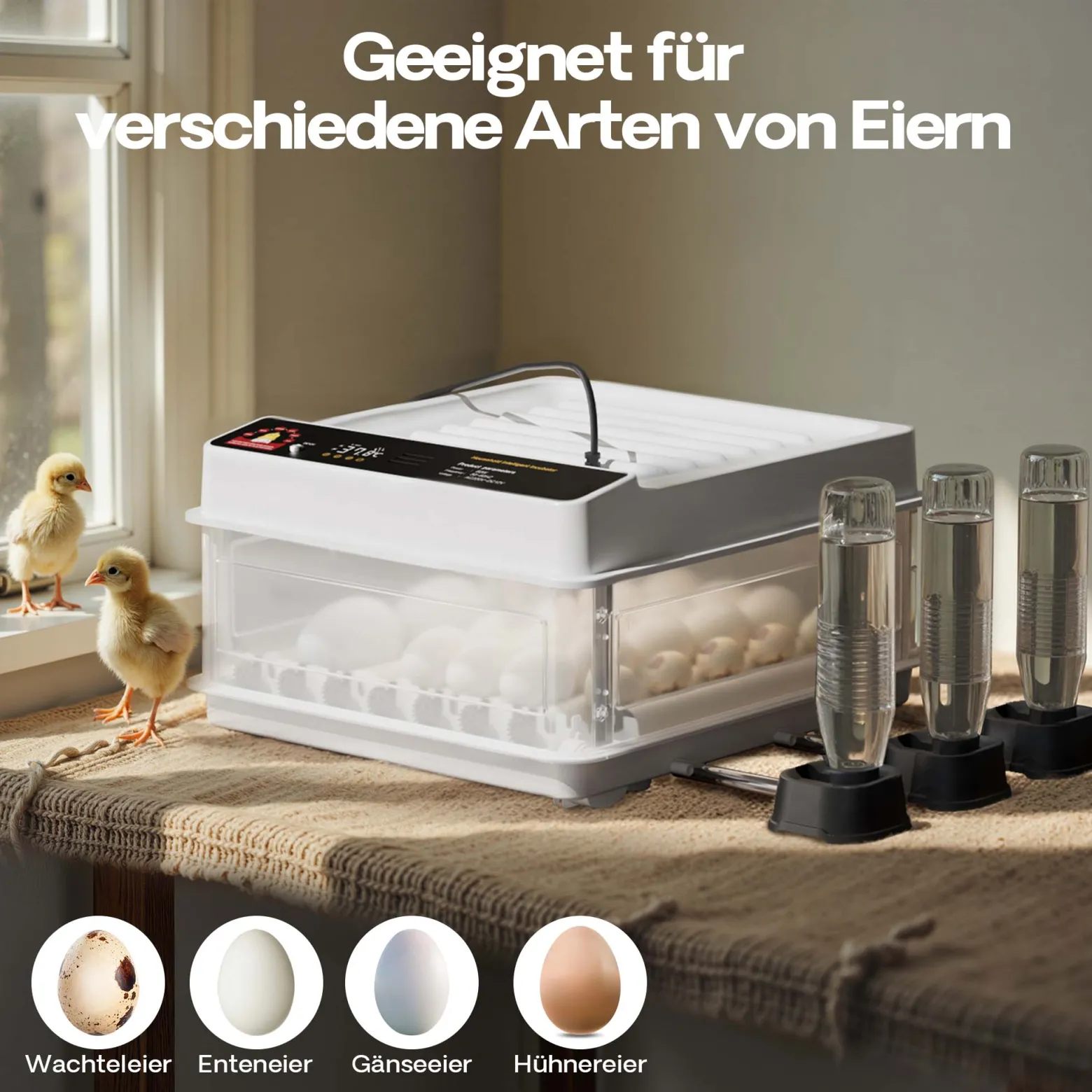 Fudajo Vollautomatischer Flächenbrüter für 36 Eier, Inkubator 45 W mit Wendesystem, Brutautomat mit Temperatursteuerung und Feuchtigskeitsregulierung, Brutkasten zum Eier ausbrüten