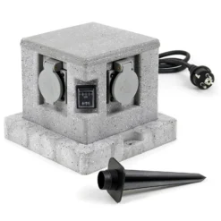 Gartensteckdose 4fach in Granitoptik, IP44, Außensteckdose mit Sensor für Dämmerung und 1,5m Kabel
