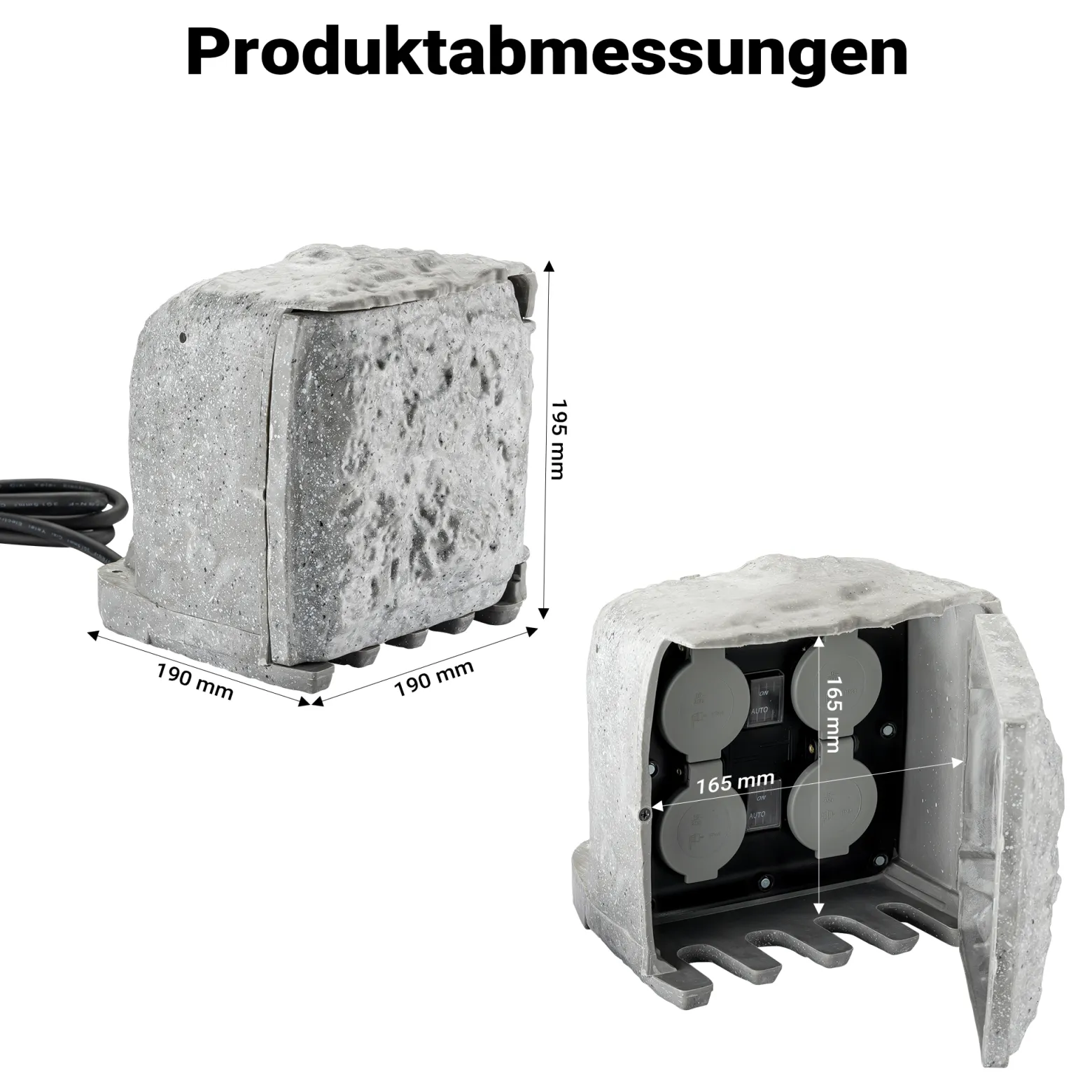 Gartensteckdose 4fach in Steinoptik, IP44, Außensteckdose mit Sensor für Dämmerung und 1,5m Kabel
