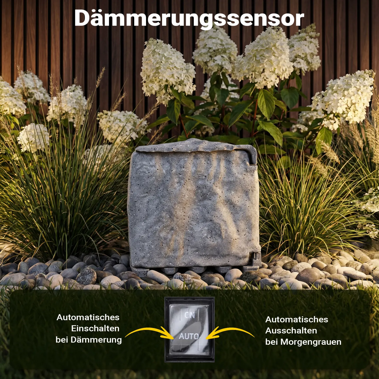 Gartensteckdose 4fach in Steinoptik, IP44, Außensteckdose mit Sensor für Dämmerung und 1,5m Kabel