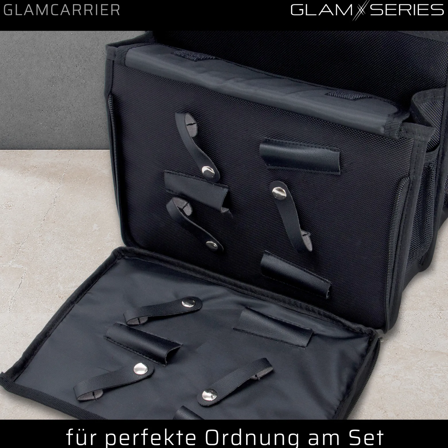 GlamSeries GlamCarrier Kosmetiktasche, Schminktasche viel Stauraum, Kosmetikbeutel faltbar Griff und Tragegurt, Beauty Bag für Make Up Artists, Friseure
