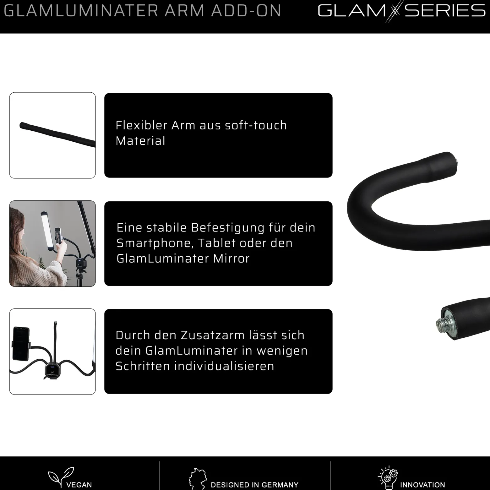 GlamSeries GlamLuminater Arm Add-On, flexibler Soft-Touch Arm für LED Leuchte, Halterung für Smartphone, Tablet, Spiegel, ideal für Visagisten und Friseure