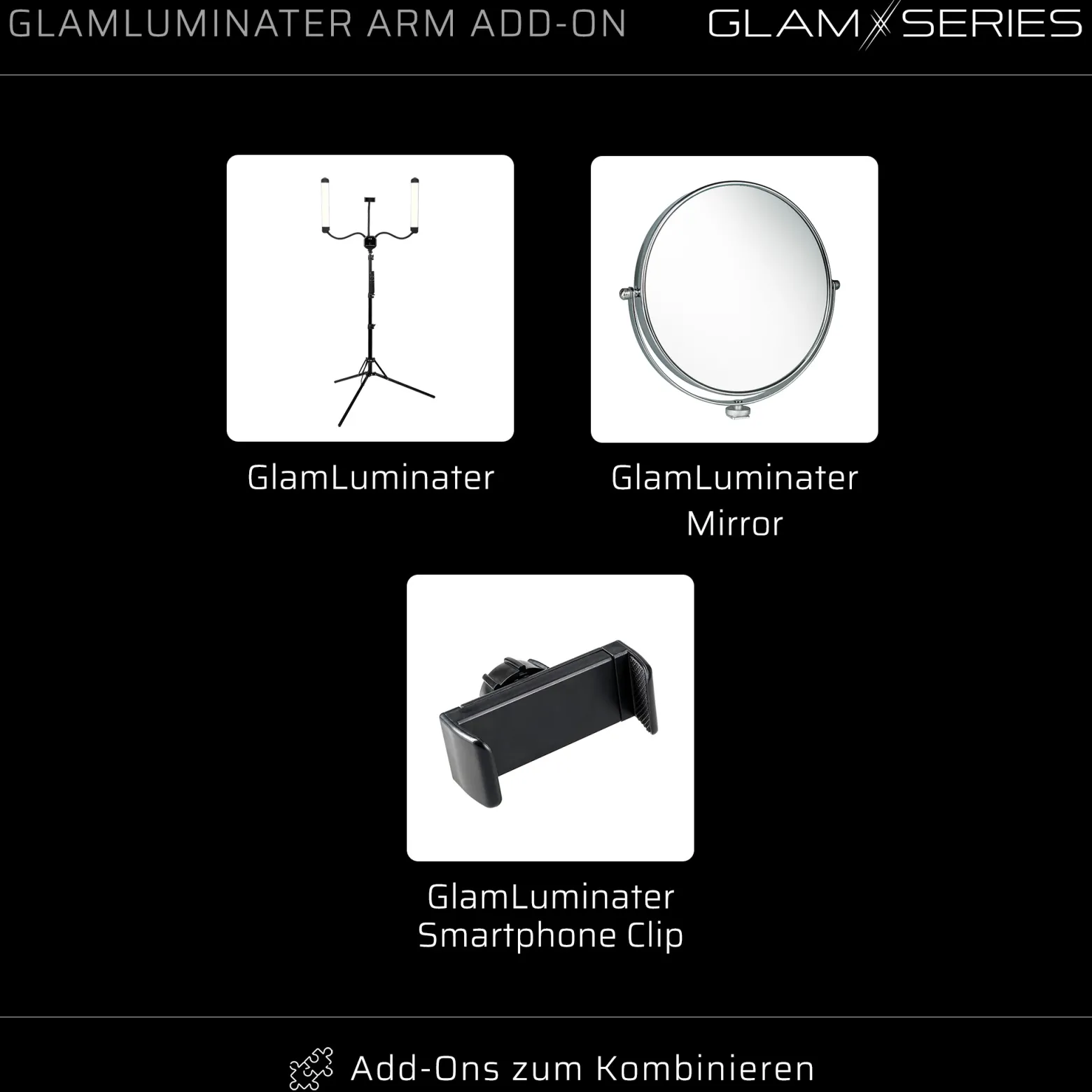 GlamSeries GlamLuminater Arm Add-On, flexibler Soft-Touch Arm für LED Leuchte, Halterung für Smartphone, Tablet, Spiegel, ideal für Visagisten und Friseure