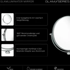 GlamSeries GlamLuminater Mirror, Schminkspiegel 360° Rotation für Arm Add-On, Kosmetikspiegel zweifache Vergrößerung Erweiterung für LED Leuchte