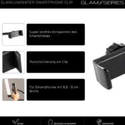 GlamSeries GlamLuminater Smartphone Clip mit Federzug und Kugelkopf, Tablet Handy Halterung rutschsichere Fixierung für LED Leuchte, ideal für Visagisten und Content Creator