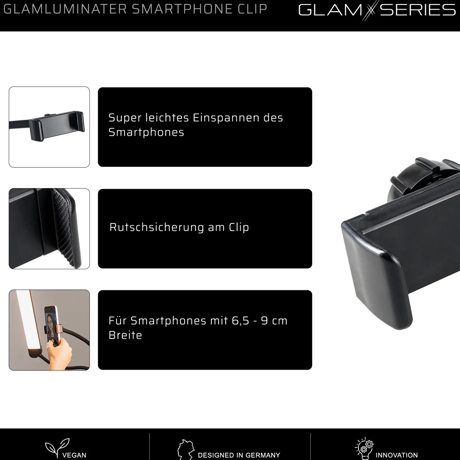 GlamSeries GlamLuminater Smartphone Clip mit Federzug und Kugelkopf, Tablet Handy Halterung rutschsichere Fixierung für LED Leuchte, ideal für Visagisten und Content Creator