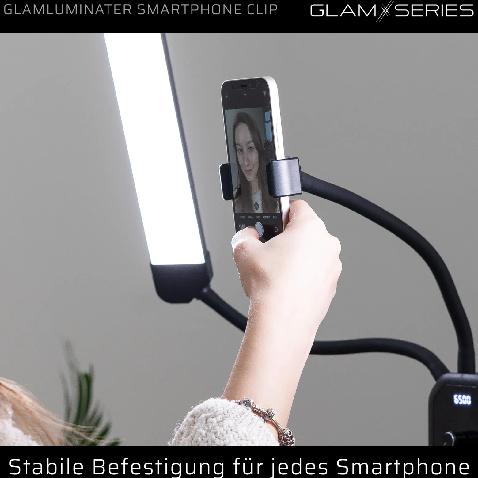 GlamSeries GlamLuminater Smartphone Clip mit Federzug und Kugelkopf, Tablet Handy Halterung rutschsichere Fixierung für LED Leuchte, ideal für Visagisten und Content Creator