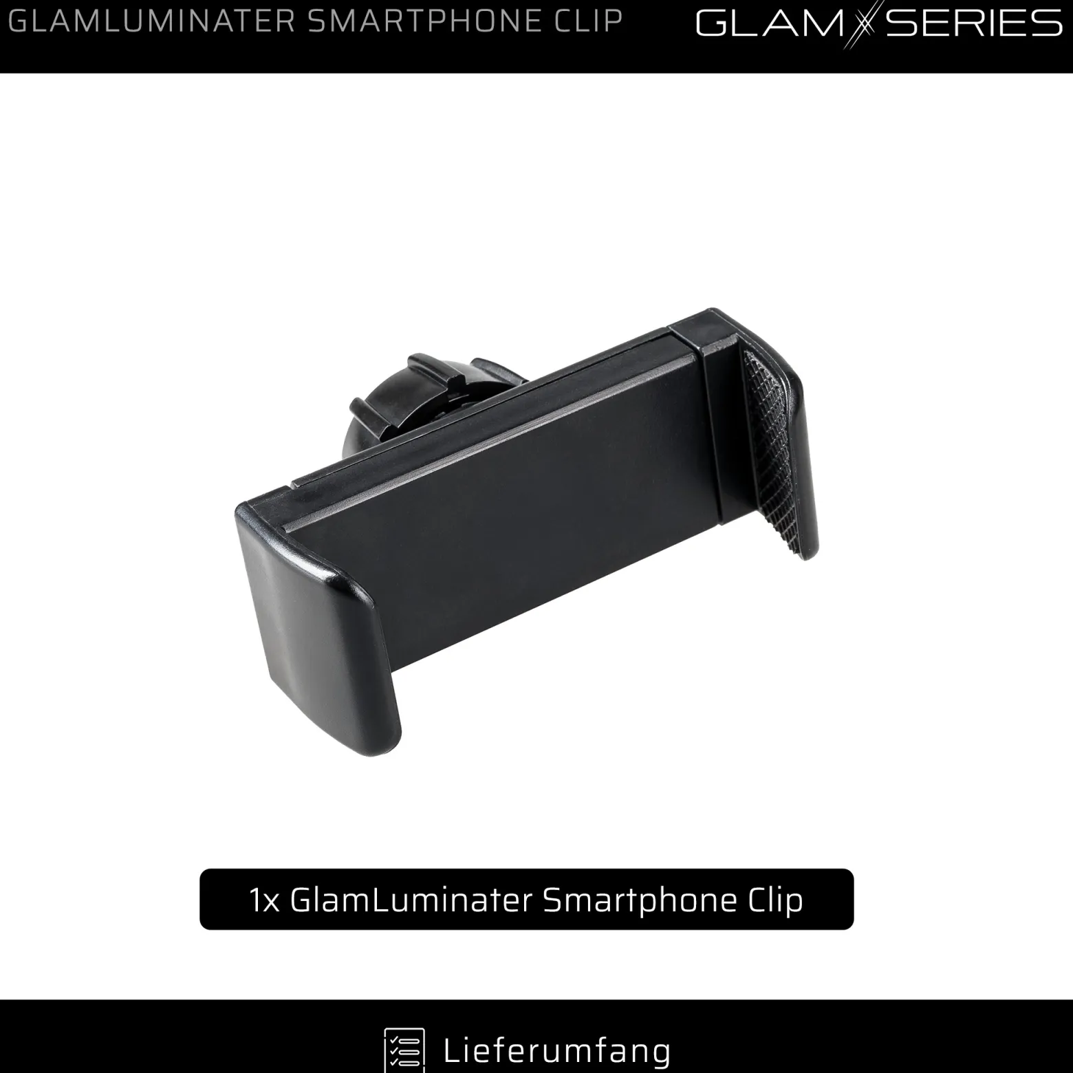 GlamSeries GlamLuminater Smartphone Clip mit Federzug und Kugelkopf, Tablet Handy Halterung rutschsichere Fixierung für LED Leuchte, ideal für Visagisten und Content Creator