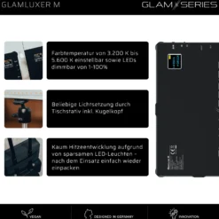 GlamSeries GlamLuxer M LED-Panel, stufenlos dimmbare Beleuchtung 3200-5600 K, LED-Leuchte mit Tischstativ, Diffusor, Kugelkopf, Make-Up Light 8 h Laufzeit