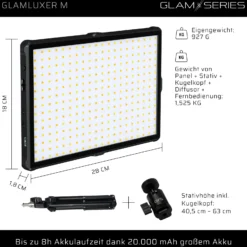 GlamSeries GlamLuxer M LED-Panel, stufenlos dimmbare Beleuchtung 3200-5600 K, LED-Leuchte mit Tischstativ, Diffusor, Kugelkopf, Make-Up Light 8 h Laufzeit