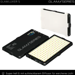 GlamSeries GlamLuxer S LED-Panel, stufenlos dimmbare Beleuchtung 3200-5600 K, LED-Leuchte mit Tischstativ, Diffusor, Kugelkopf, Make-Up Light 8 h Laufzeit