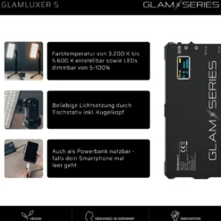 GlamSeries GlamLuxer S LED-Panel, stufenlos dimmbare Beleuchtung 3200-5600 K, LED-Leuchte mit Tischstativ, Diffusor, Kugelkopf, Make-Up Light 8 h Laufzeit