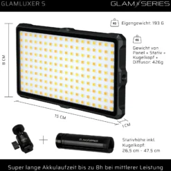 GlamSeries GlamLuxer S LED-Panel, stufenlos dimmbare Beleuchtung 3200-5600 K, LED-Leuchte mit Tischstativ, Diffusor, Kugelkopf, Make-Up Light 8 h Laufzeit