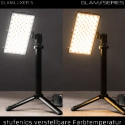 GlamSeries GlamLuxer S LED-Panel, stufenlos dimmbare Beleuchtung 3200-5600 K, LED-Leuchte mit Tischstativ, Diffusor, Kugelkopf, Make-Up Light 8 h Laufzeit