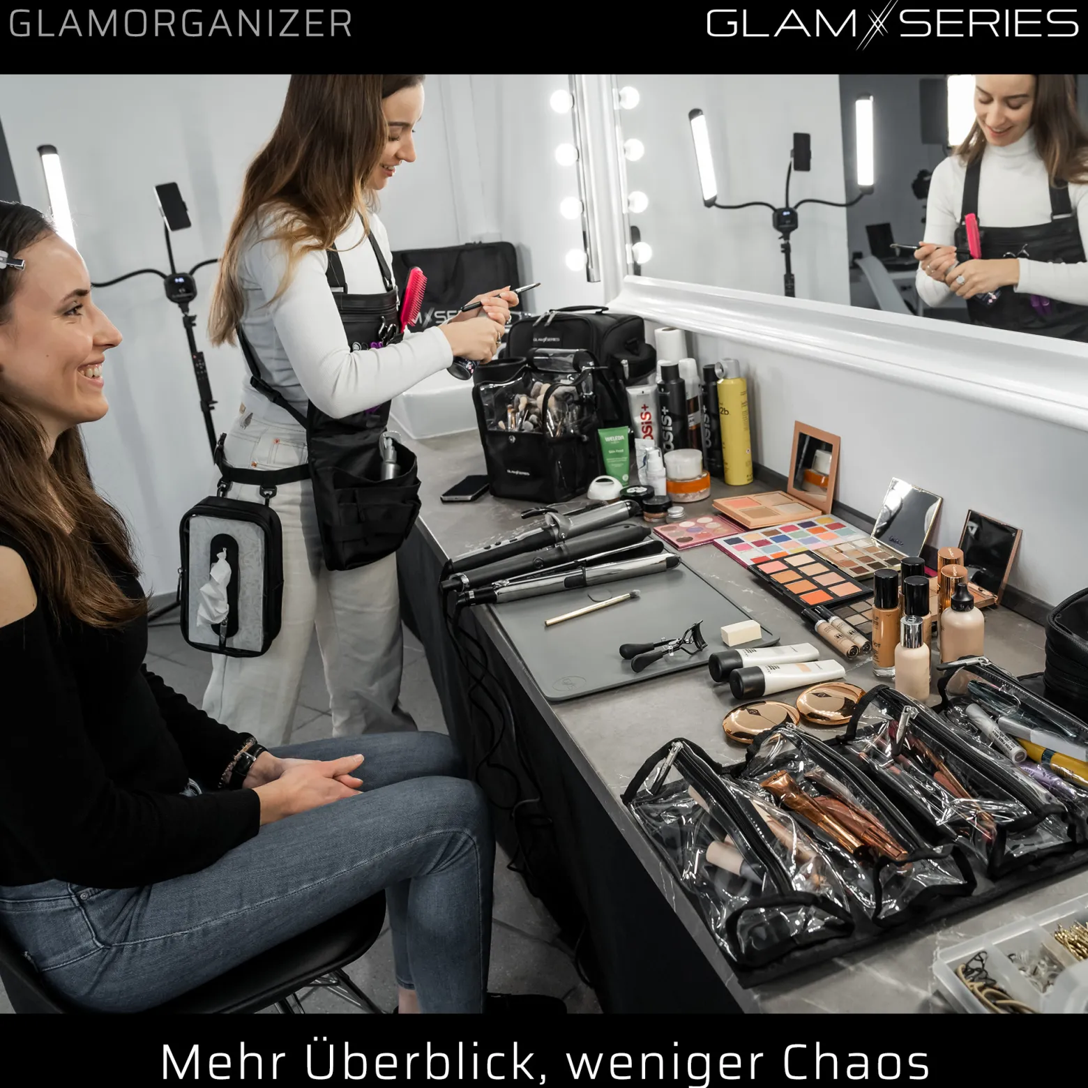 GlamSeries GlamOrganizer Kosmetiktasche 230 x 120 x 180 mm einrollbar, Make up Organizer mit 4 transparenten Inlays