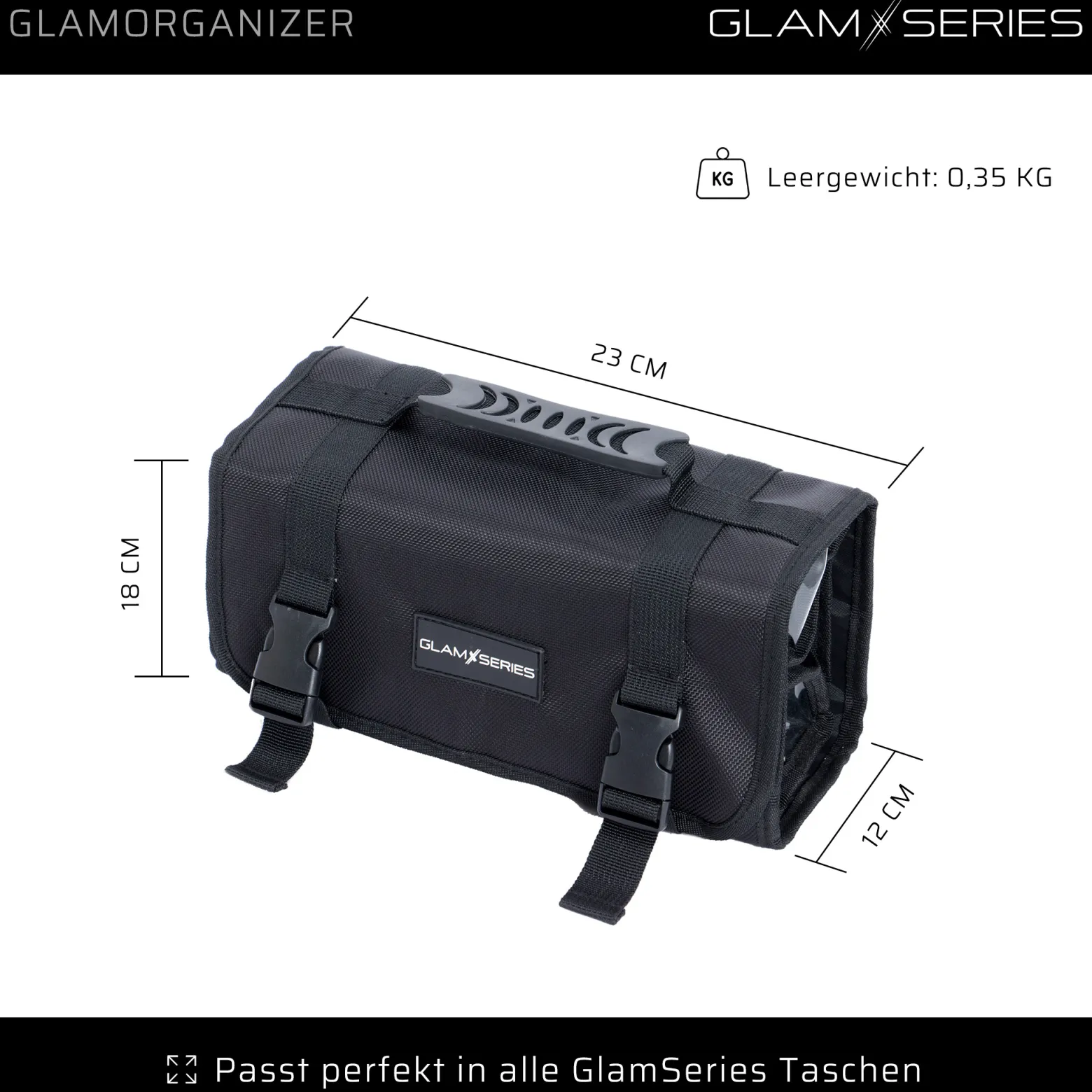 GlamSeries GlamOrganizer Kosmetiktasche 230 x 120 x 180 mm einrollbar, Make up Organizer mit 4 transparenten Inlays