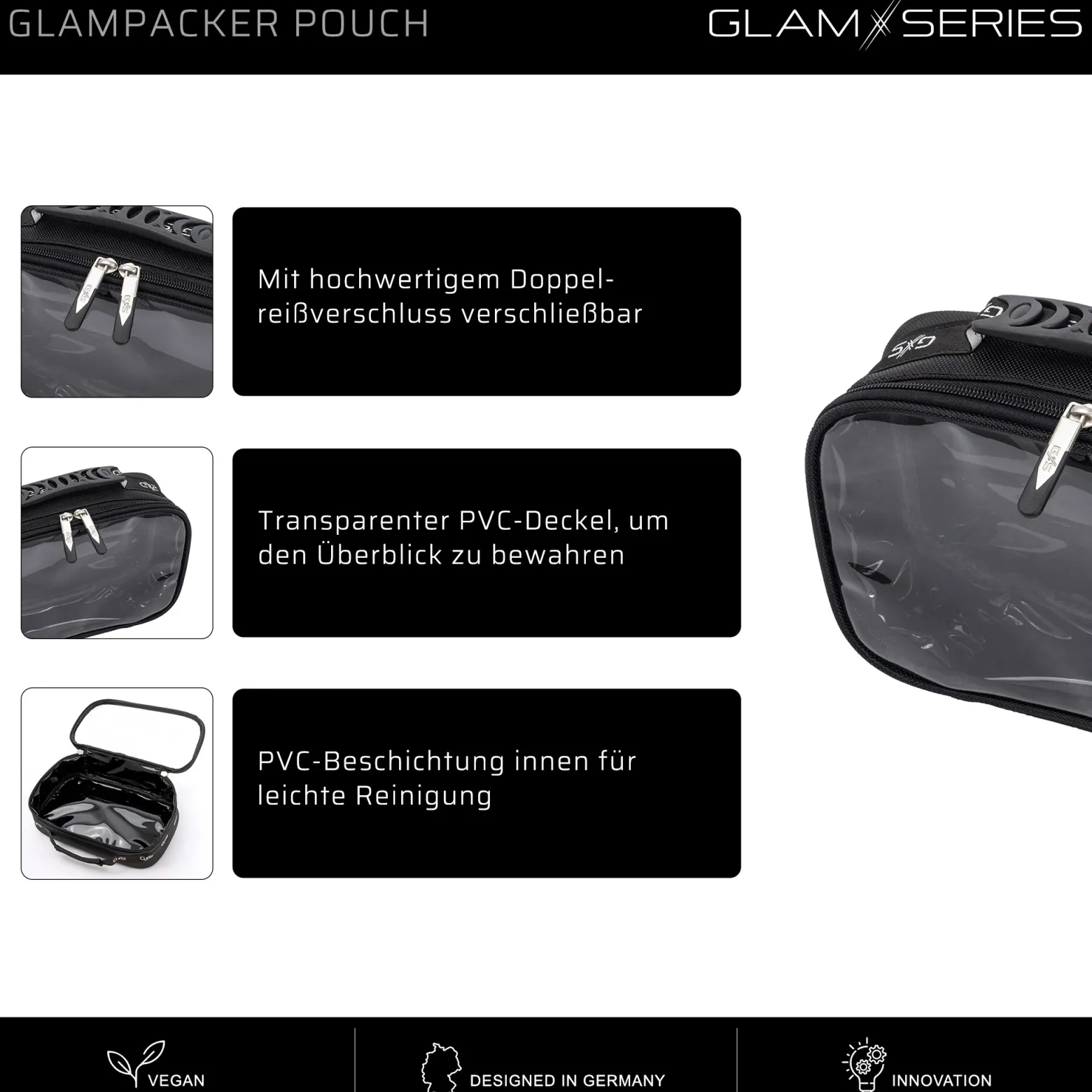GlamSeries GlamPacker Pouch Taschen Inlay 270 x 165 x 75 mm, PVC-beschichtete Make Up Tasche mit transparentem Deckel
