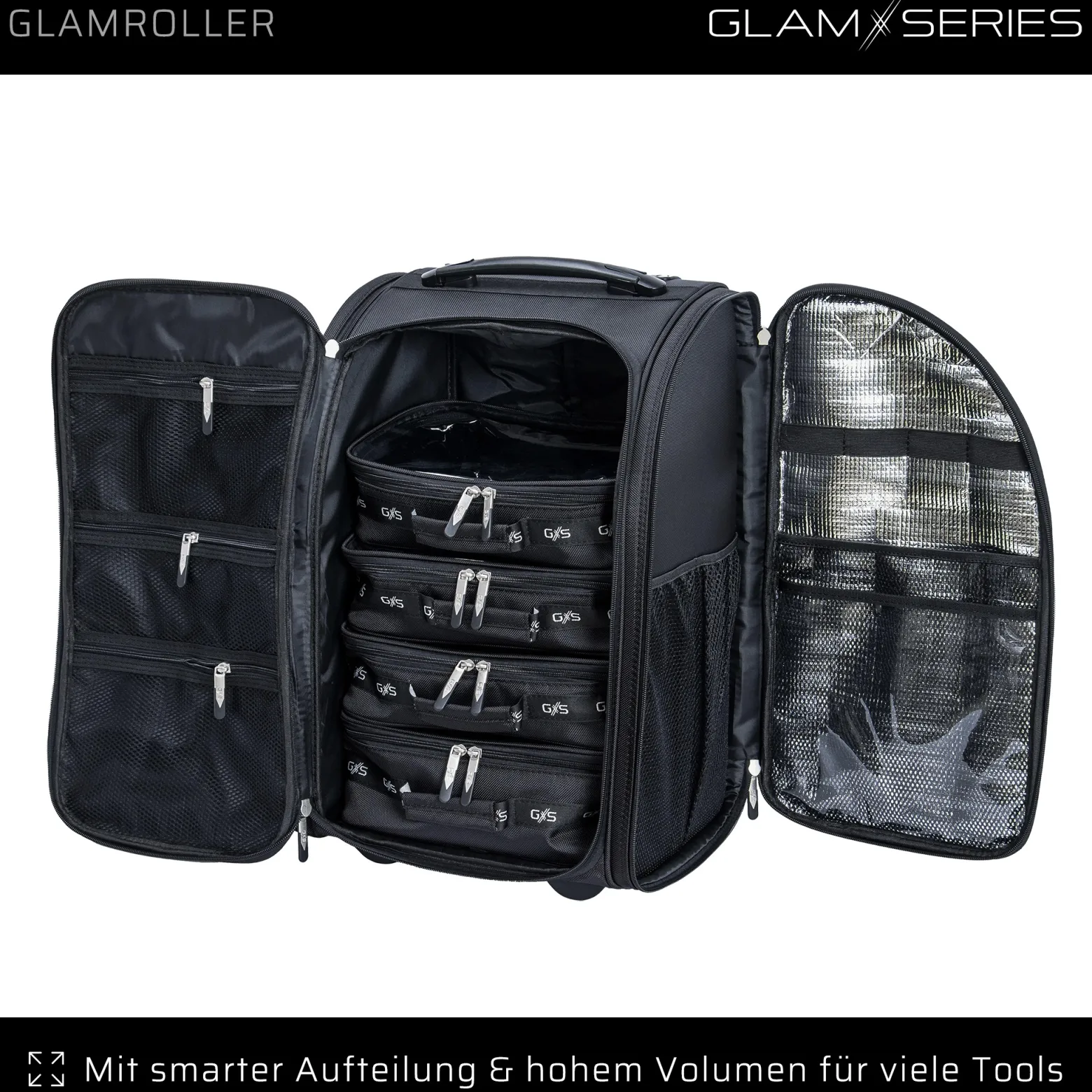GlamSeries GlamRoller Trolley, Kosmetikkoffer mit 4x Pouches, Make-Up Artist Koffer mit Hitzeschutzfach, Organizer für Visagisten, Friseure, Beauty Case für Reisen