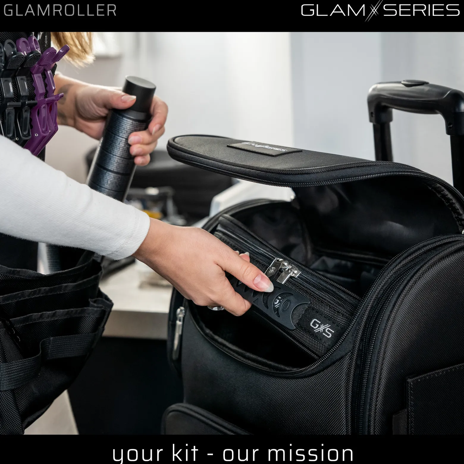 GlamSeries GlamRoller Trolley, Kosmetikkoffer mit 4x Pouches, Make-Up Artist Koffer mit Hitzeschutzfach, Organizer für Visagisten, Friseure, Beauty Case für Reisen
