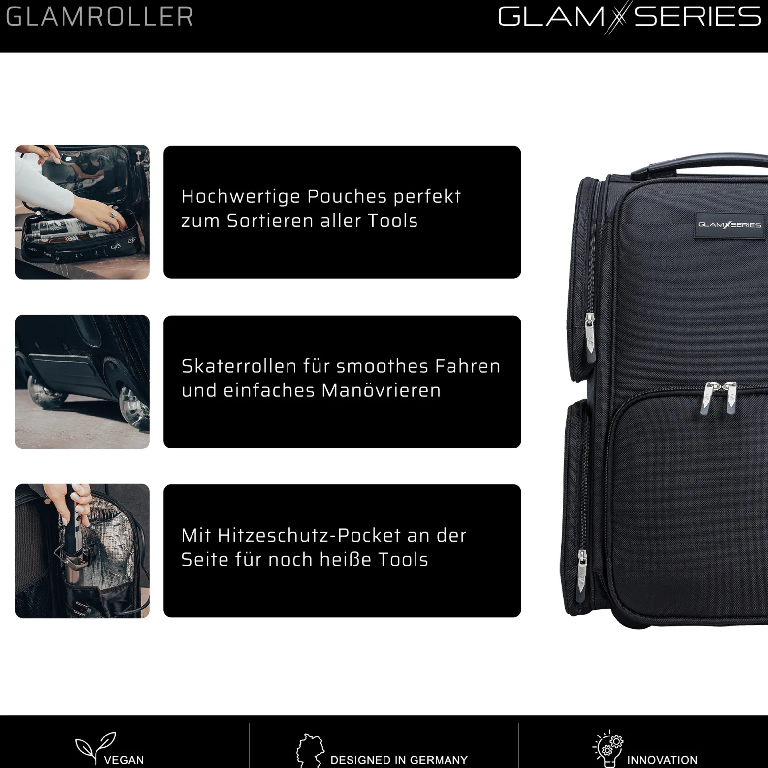 GlamSeries GlamRoller Trolley, Kosmetikkoffer mit 4x Pouches, Make-Up Artist Koffer mit Hitzeschutzfach, Organizer für Visagisten, Friseure, Beauty Case für Reisen