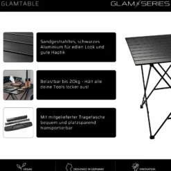 GlamSeries GlamTable Schminktisch klappbar, Frisiertisch bis 20 kg, Make Up Tisch mit Transporttasche, Kosmetiktisch für Visagisten, Friseure, Tättowierer