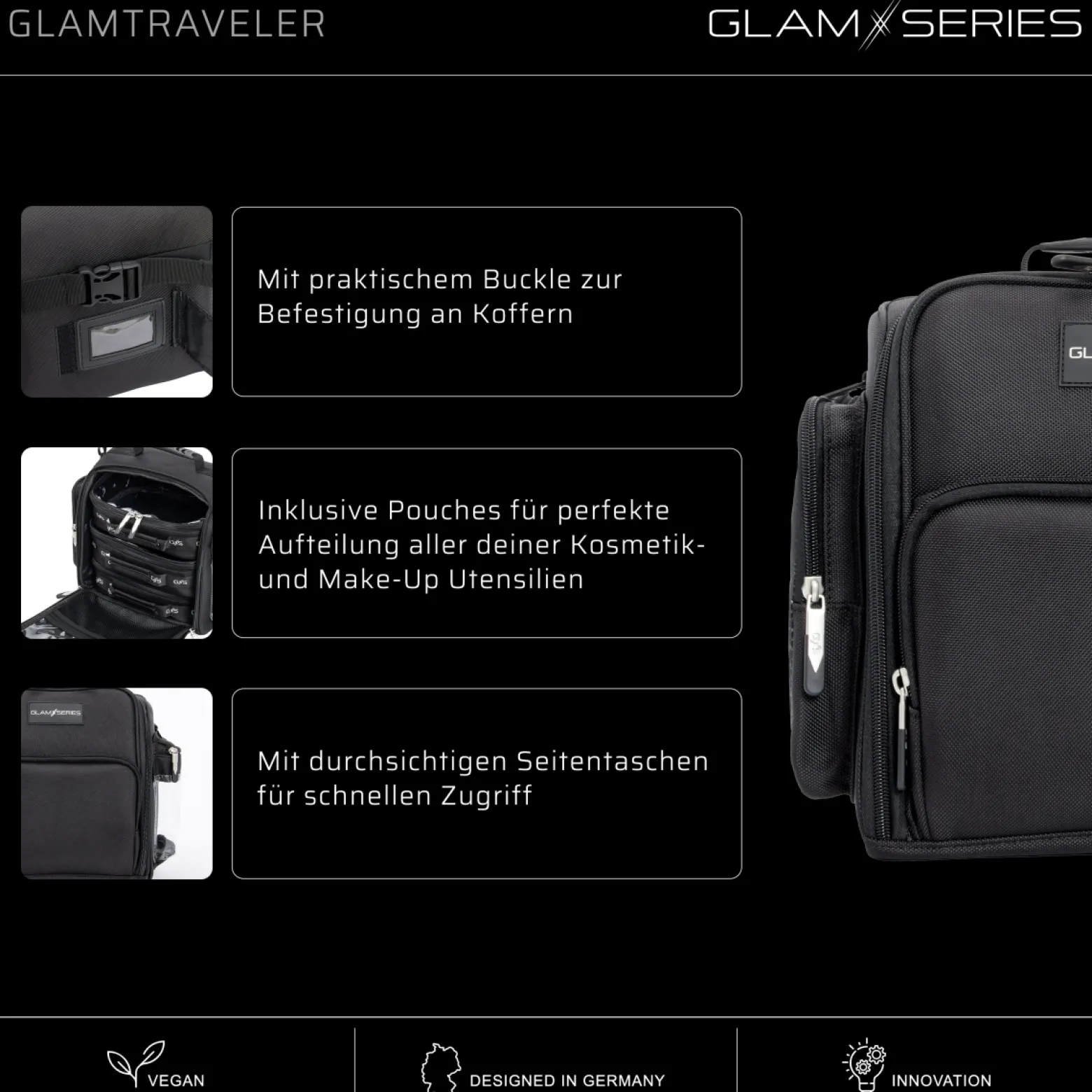 GlamSeries GlamTraveler Kosmetiktasche, Schminktasche mit 3 Pouches, Kosmetikbeutel kombinierbar mit Buckle, Beauty Bag für Make Up Artists, Friseure