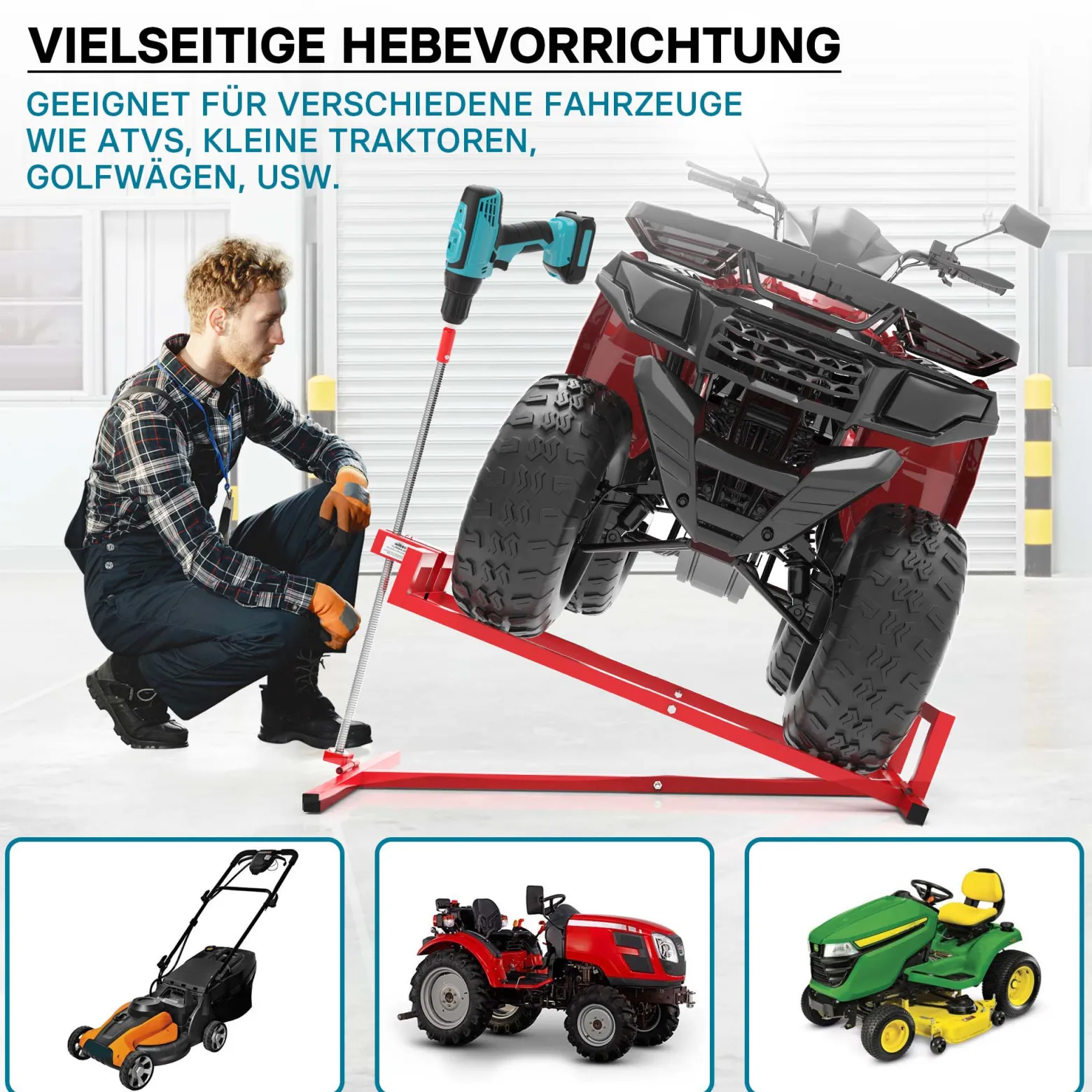 Hebevorrichtung Aufsitzmäher bis 250 kg inkl. Adapter, Heber für Rasentraktor bis 35° Neigung