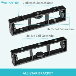 Instarter All Star Bracket Halterungsschiene - 203 x 80 x 25 mm / 3 kg max. - mit 6 Gewinden, 3 Schrauben, 2 Blitzschuhen - für Kamera, LED Licht, Handy, Mikrofon an Stativ/Kamera
