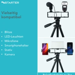 Instarter All Star Bracket Halterungsschiene - 203 x 80 x 25 mm / 3 kg max. - mit 6 Gewinden, 3 Schrauben, 2 Blitzschuhen - für Kamera, LED Licht, Handy, Mikrofon an Stativ/Kamera