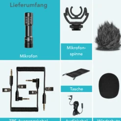 Instarter Cardioid Kamera Mikro - 95 x 20 x 24 mm - 3,5 mm / TRRS / TRS - batterielos - mit Windschutz - externes kompaktes DSLR Videomikrofon Smartphone Richtrohrmikrofon