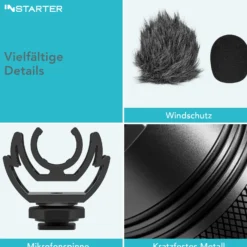 Instarter Cardioid Kamera Mikro - 95 x 20 x 24 mm - 3,5 mm / TRRS / TRS - batterielos - mit Windschutz - externes kompaktes DSLR Videomikrofon Smartphone Richtrohrmikrofon