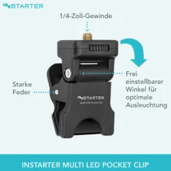 Instarter Feder-Klemmhalterung mit 1/4 Zoll Schraubgewinde zur Befestigung von LED-Leuchten, Kamera Blitz Halterung bis max 350g, Adapter, Klemmstativ Blitzschiene, Max. Klemmbreite 16 mm